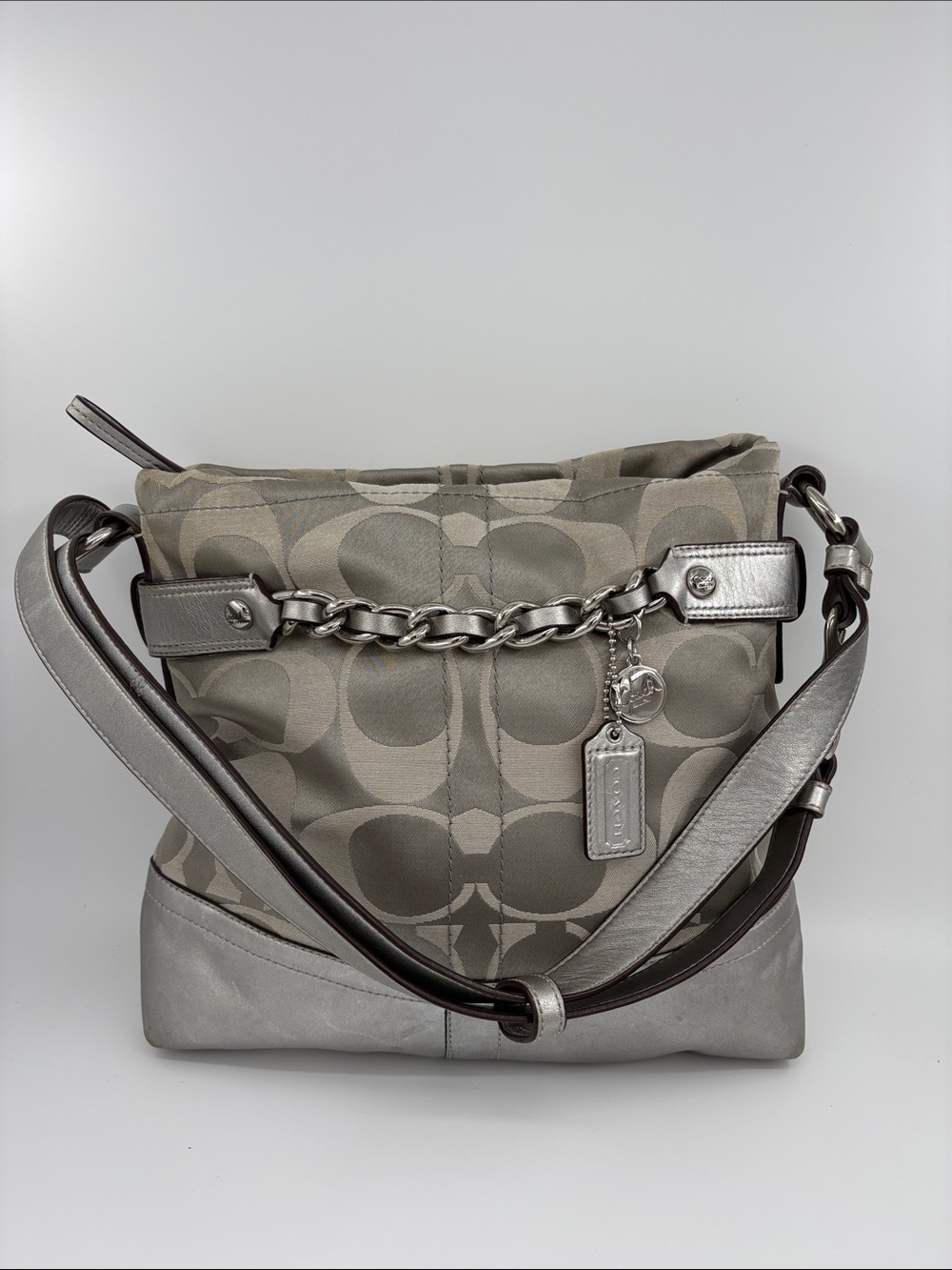 Coach Silver and Gray Signature Chain-Trim Shoulder Bag